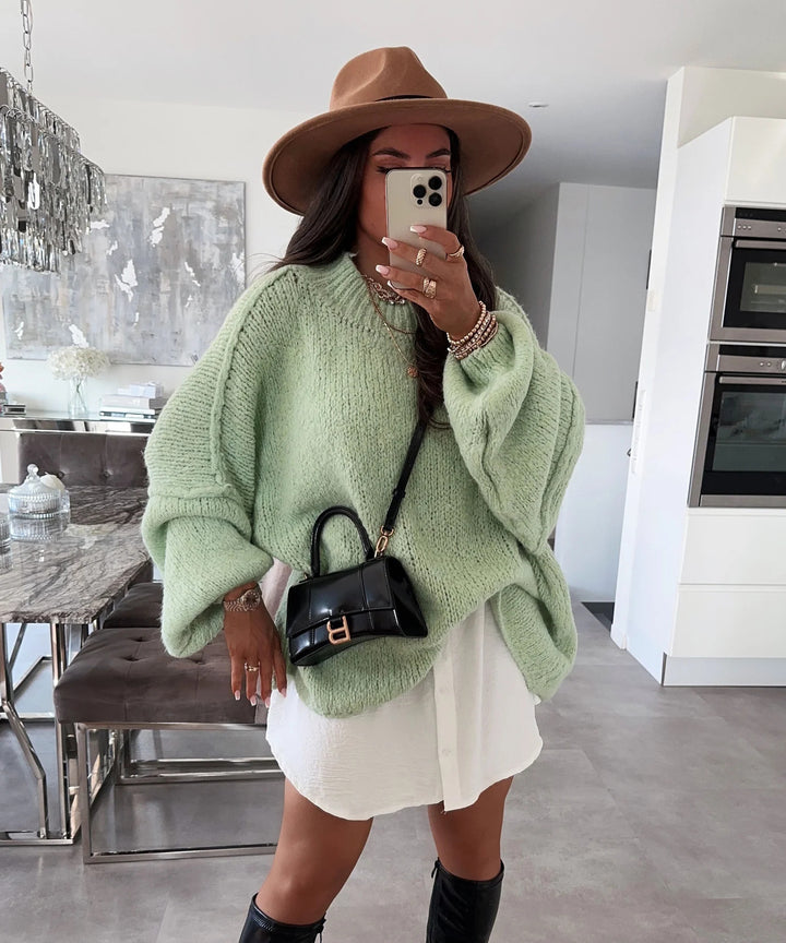 Damen oversized Strickpullover mit hohem Kragen und Ballonärmeln Drune