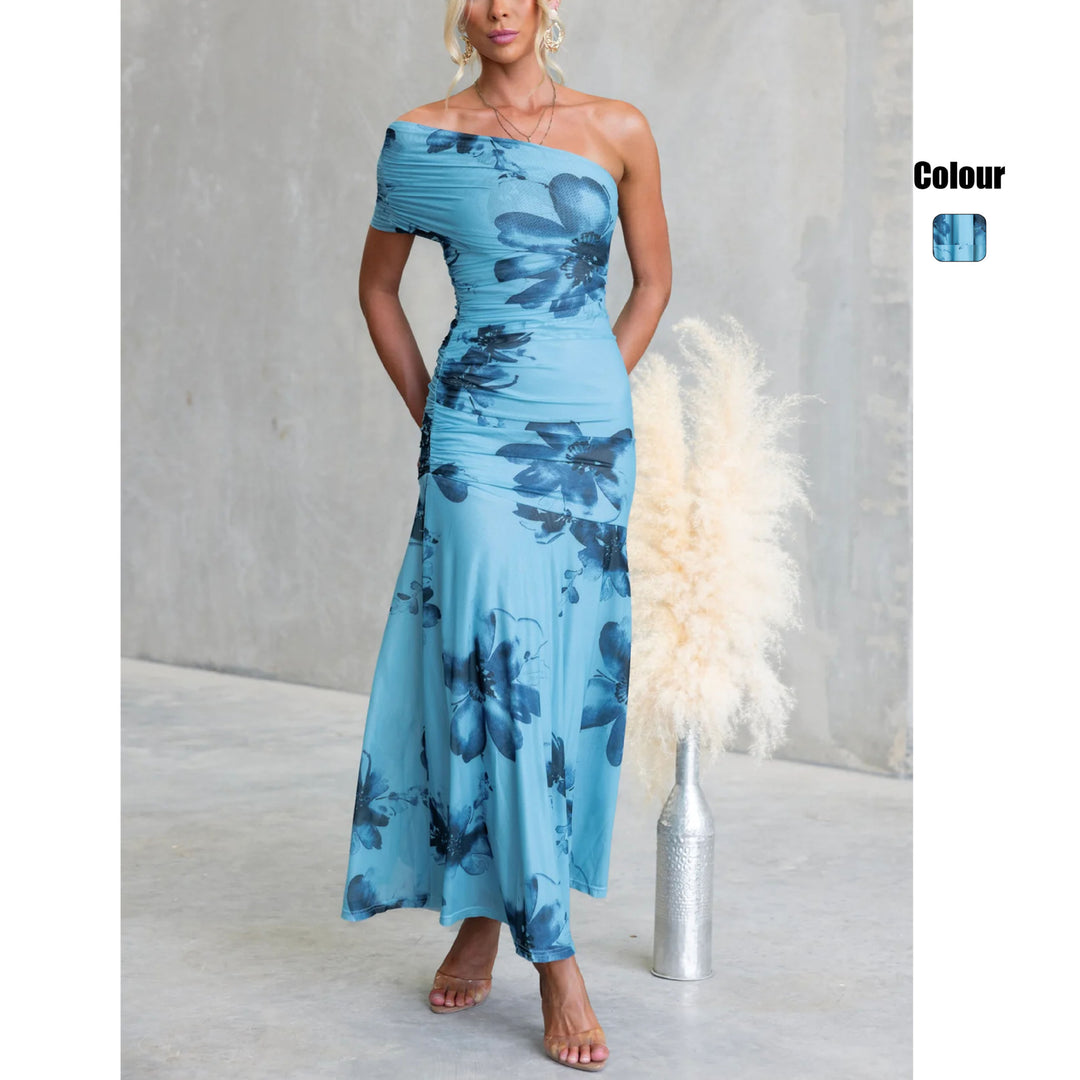 Damen Off-Shoulder Maxikleid mit floralen Akzenten und gerafftem Design Drune