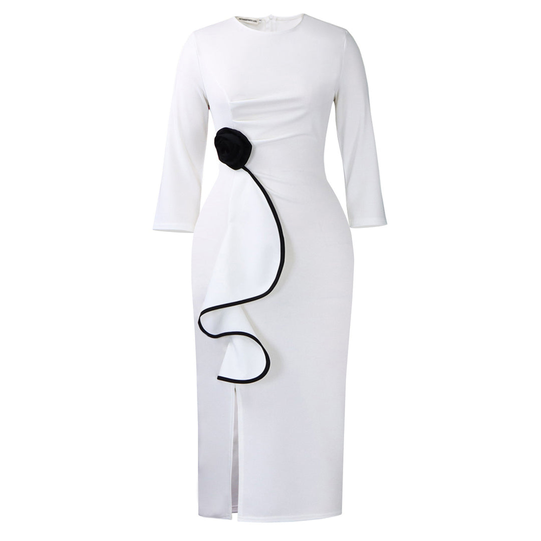 Damen Etuikleid mit eleganter Drapierung und floraler Applikation Drune