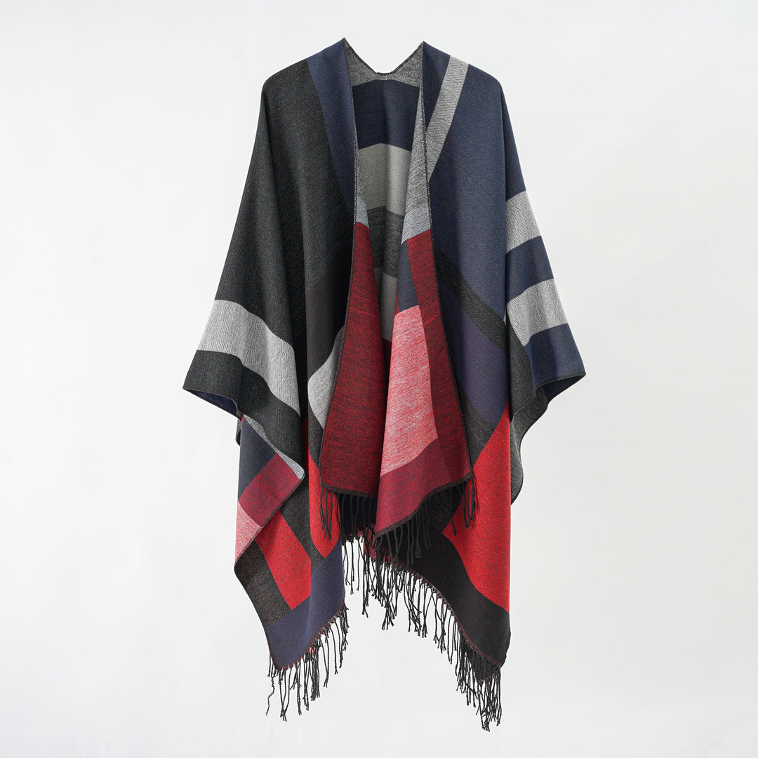 Damen Jacquard-Überwurfponcho im Cape-Schnitt mit feinem Fransensaum Drune