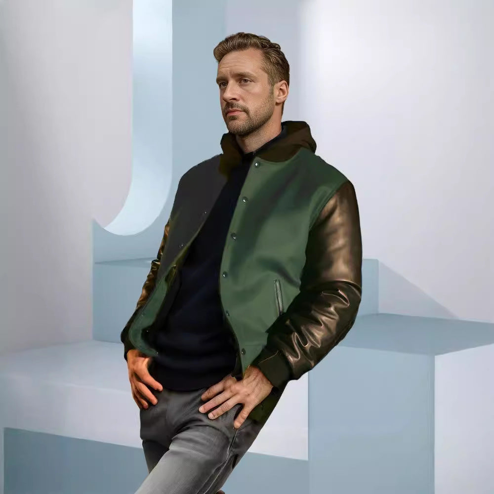 Herren College-Bomberjacke im Varsity-Stil mit Wollkörper und Lederärmeln Drune