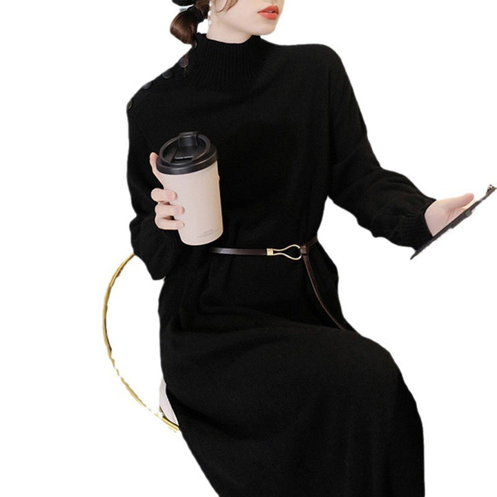 Damen Elegantes Strickmaxikleid mit hochgeschlossenem Kragen und dekorativen Knöpfen Drune