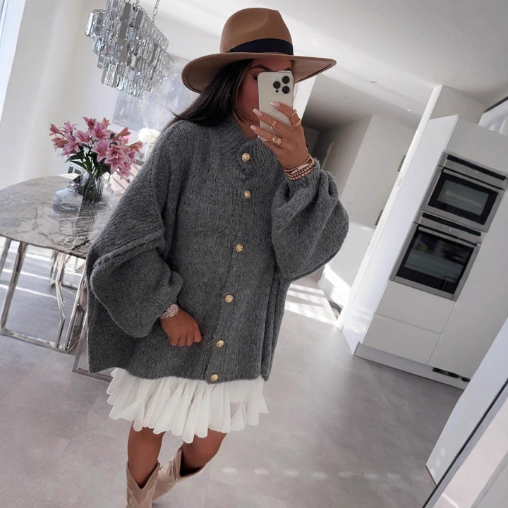 Damen Boucle Cardigan mit oversized Ärmeln und goldenen Knöpfen Drune