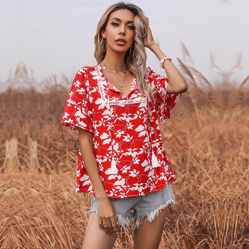 Damen Bluse mit floralem Muster und elegantem V-Ausschnitt Drune
