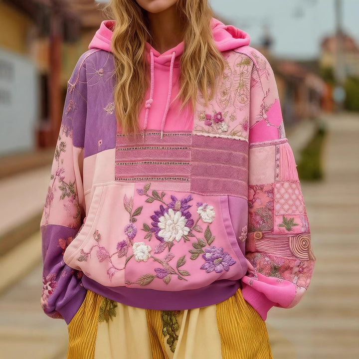 Damen Bestickter Patchwork-Kapuzenpullover mit Blumenapplikation und Kängurutasche Drune