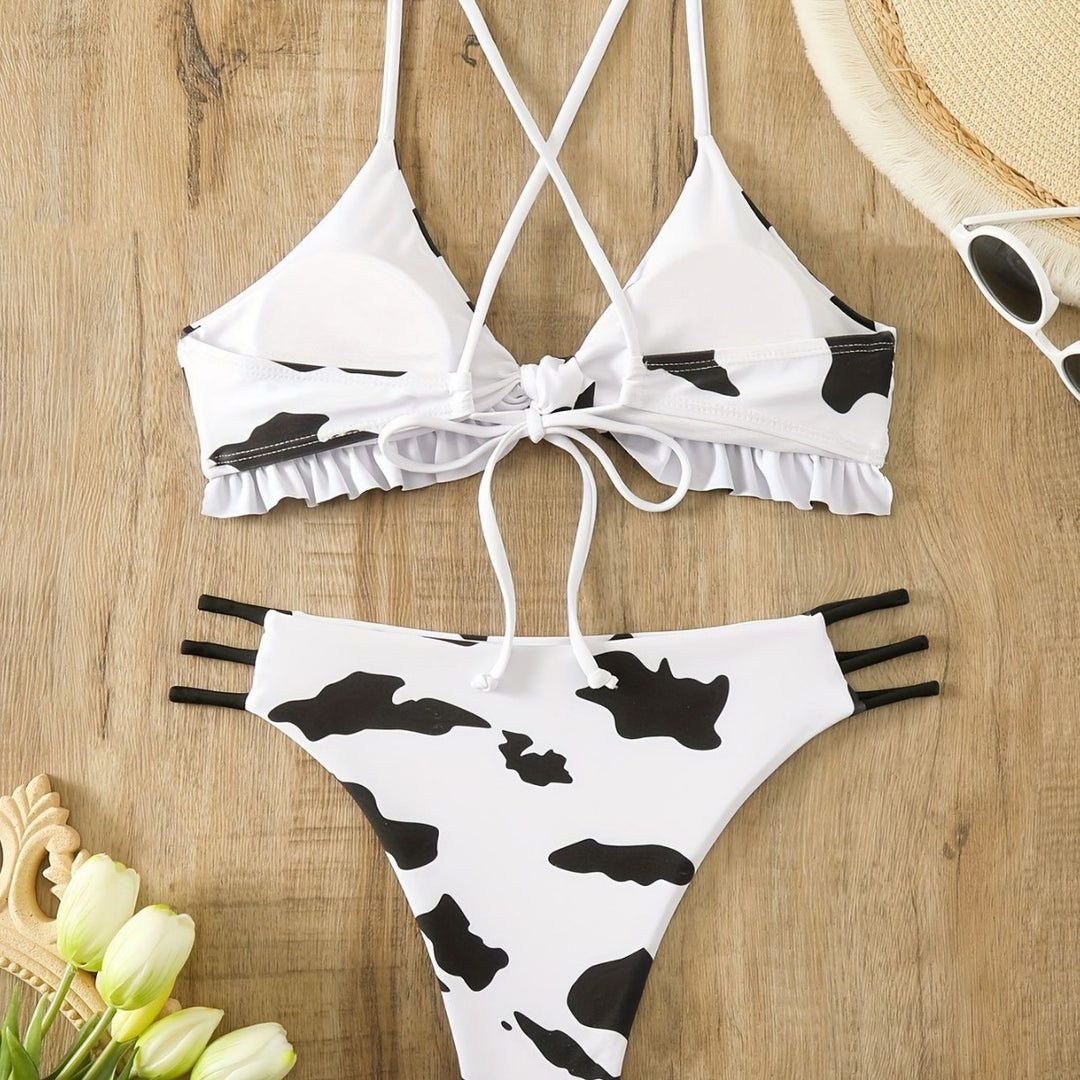 Damen Triangel-Bikini mit franjendetail und verspieltem Kuhmuster Drune