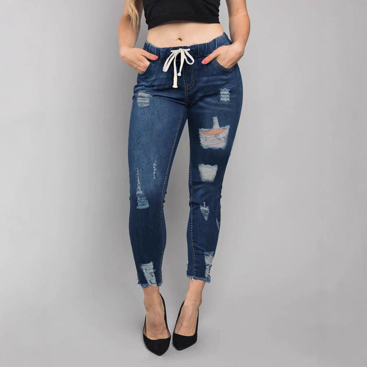 Damen Hochtaillierte Destroyed-Jogger-Jeans mit elastischem Tunnelzugbund und gekürztem Fransen-Saum Drune