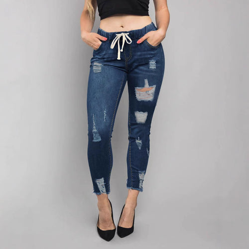 Damen Hochtaillierte Destroyed-Jogger-Jeans mit elastischem Tunnelzugbund und gekürztem Fransen-Saum Drune