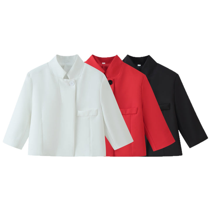Damen Kurzblazer mit Stehkragen, kastiger Cropped‑Silhouette und Ein‑Knopf‑Verschluss Drune