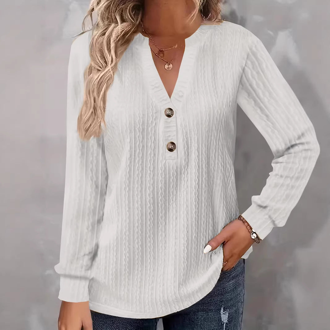 Damen Strukturiertes V‑Neck Langarmshirt mit Zierknopfleiste Drune
