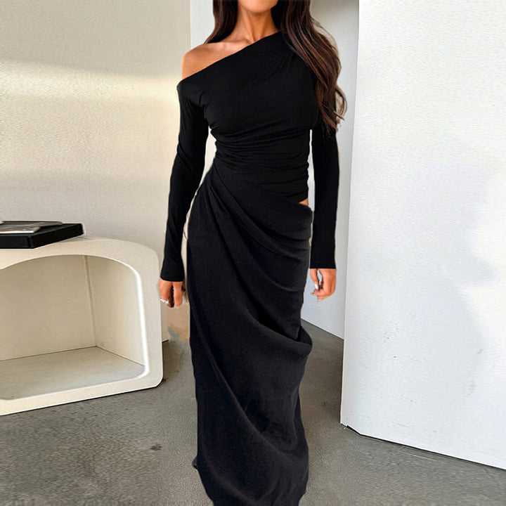 Damen elegantes Wickelkleid mit asymmetrischem Schnitt und langen Ärmeln Drune