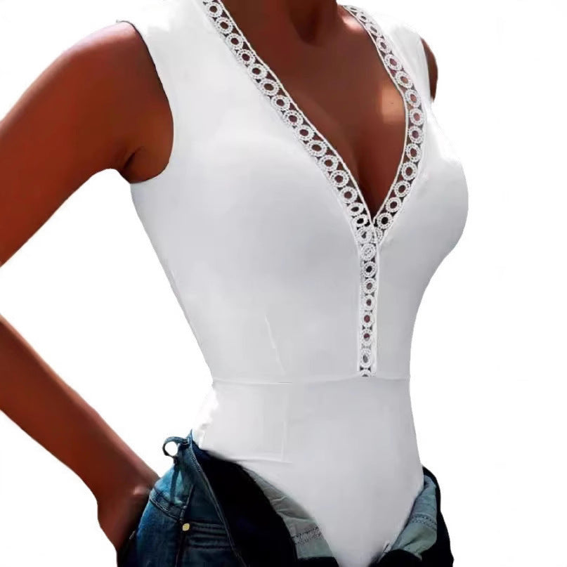 Damen Bodysuit mit dekorativem V-Ausschnitt und Spitzenbesatz Drune
