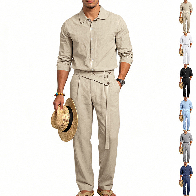 Herren nan eleganter Leinen-Zweiteiler mit Hemd und Hose mit hohem Bund und Bindegürtel Drune