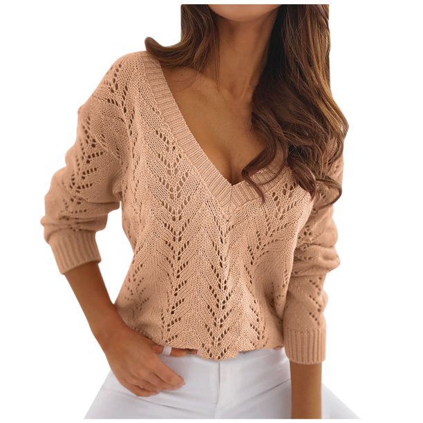 Damen Strickpullover mit Häkelmuster und V-Ausschnitt Drune