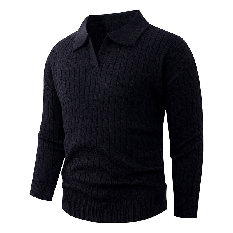 Herren Kabelstrick-Polo-Pullover mit V-Ausschnitt und Zopfmuster Drune