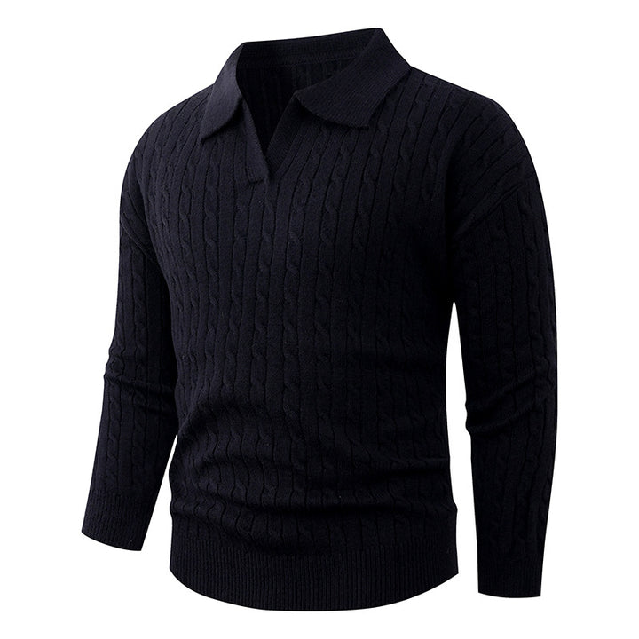 Herren Kabelstrick-Polo-Pullover mit V-Ausschnitt und Zopfmuster Drune