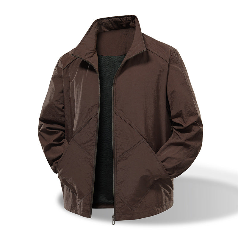 Herren Leichte Windbreaker-Outdoorjacke mit Stehkragen, Zweiwege-Reißverschluss und verdeckten Taschen Drune