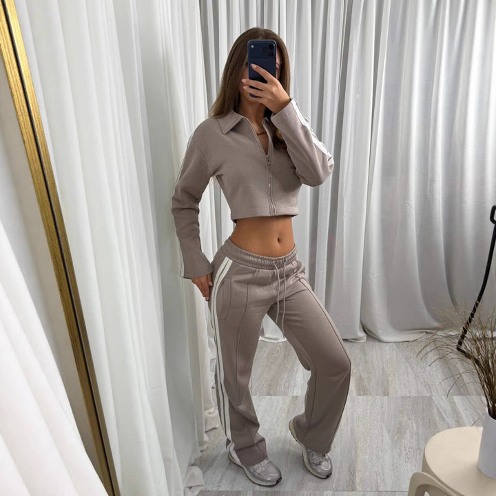Damen lässiges Sportanzug-Set mit Reißverschluss und gestreiften Details Drune