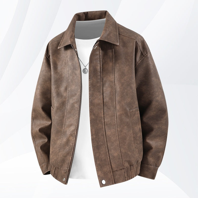 Herren Kurz geschnittene Kunstlederjacke im Vintage‑Look mit Hemdkragen & durchgehendem Reißverschluss Drune