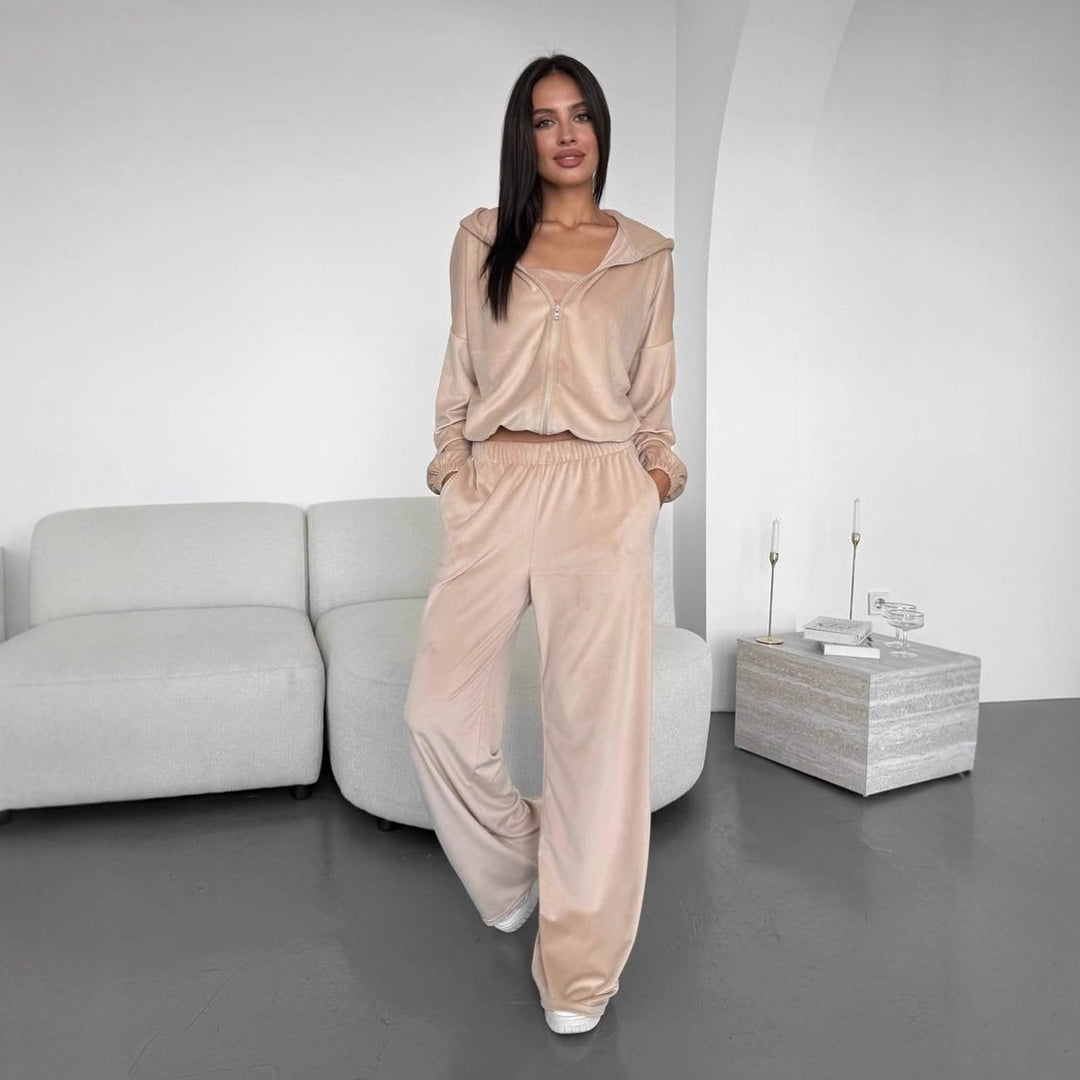Damen Dreiteiliges Velours-Loungewear-Set mit Cropped-Top, Zip-Hoodie und weitem Palazzo-Hosenbein Drune