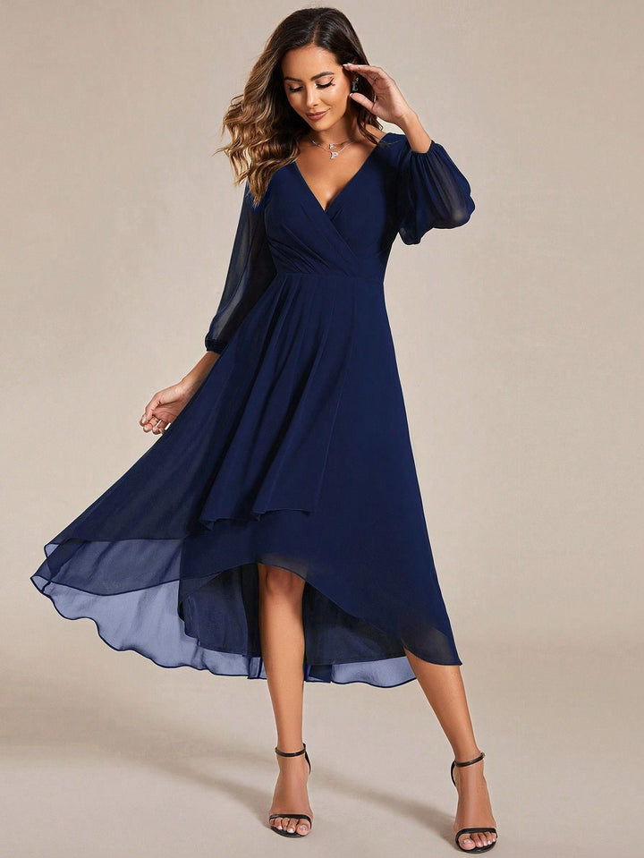 Damen Elegantes Wickelkleid mit transparenter Ärmel und asymmetrischem Saum Drune