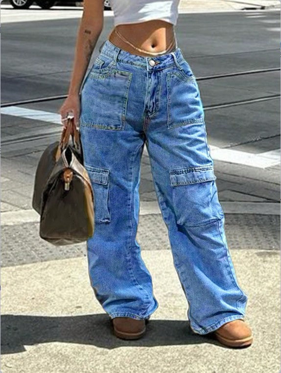 Damen Cargo-Jeanshose im weiten Baggy‑Cut mit hoher Taille und Utility‑Taschen Drune