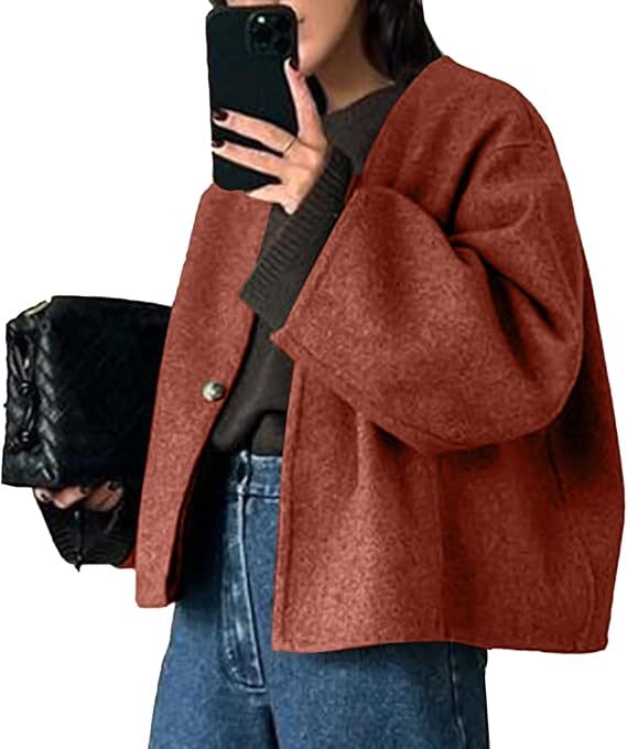 Damen Kurz geschnittene Oversize Wolljacke mit kastigem Schnitt und Ein-Knopf-Verschluss Drune