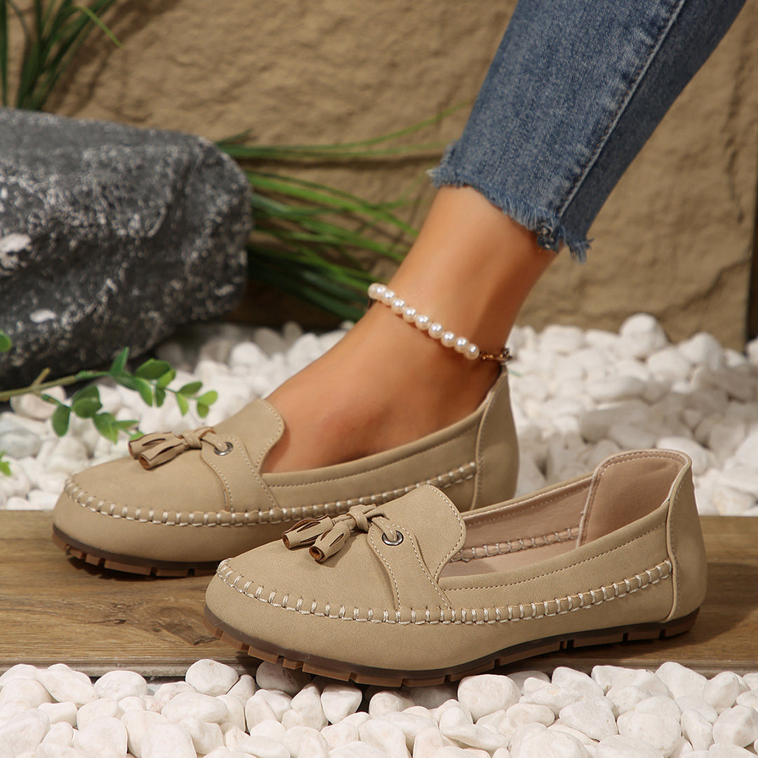 Damen  klassische Mokassin-Slipper mit Quasten, handgenähter Rahmennaht und rutschfester Gummisohle Drune