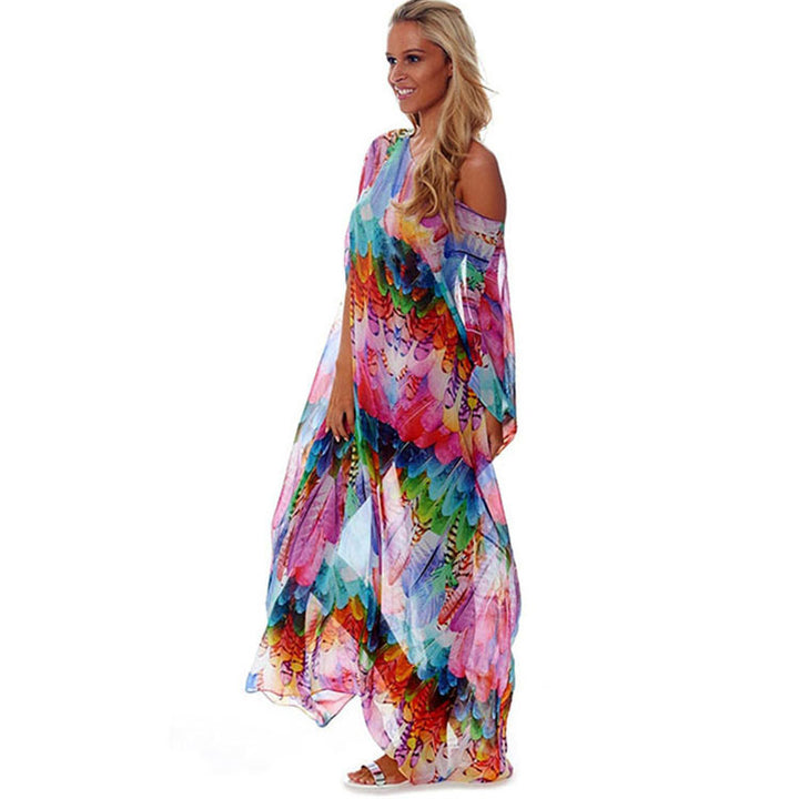 Damen Strandkaftan mit buntem Federdesign und luftigem Schnitt Drune