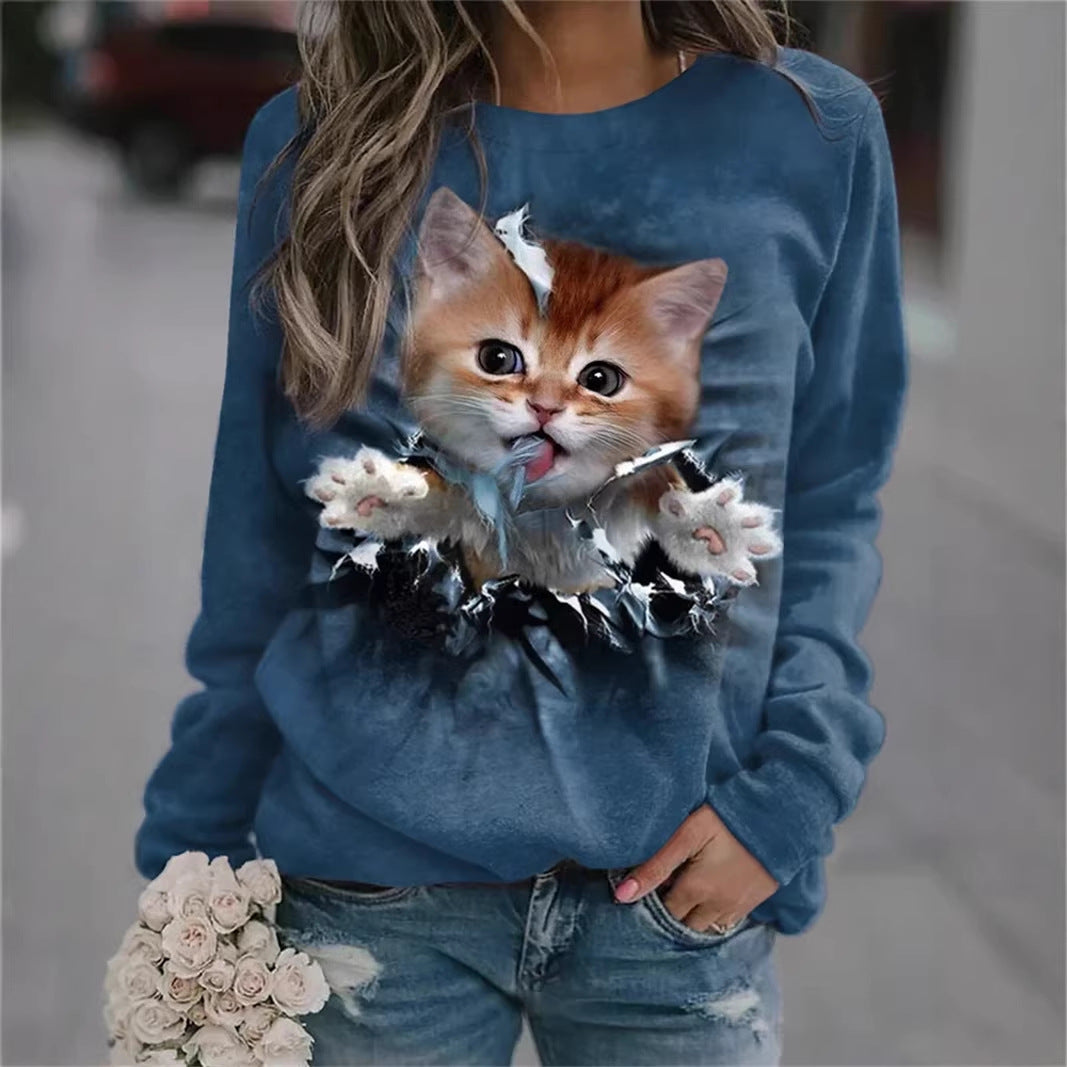 Damen Gemütlicher Übergroßer Fleece-Pullover mit Großem Welpenfoto-Print Drune