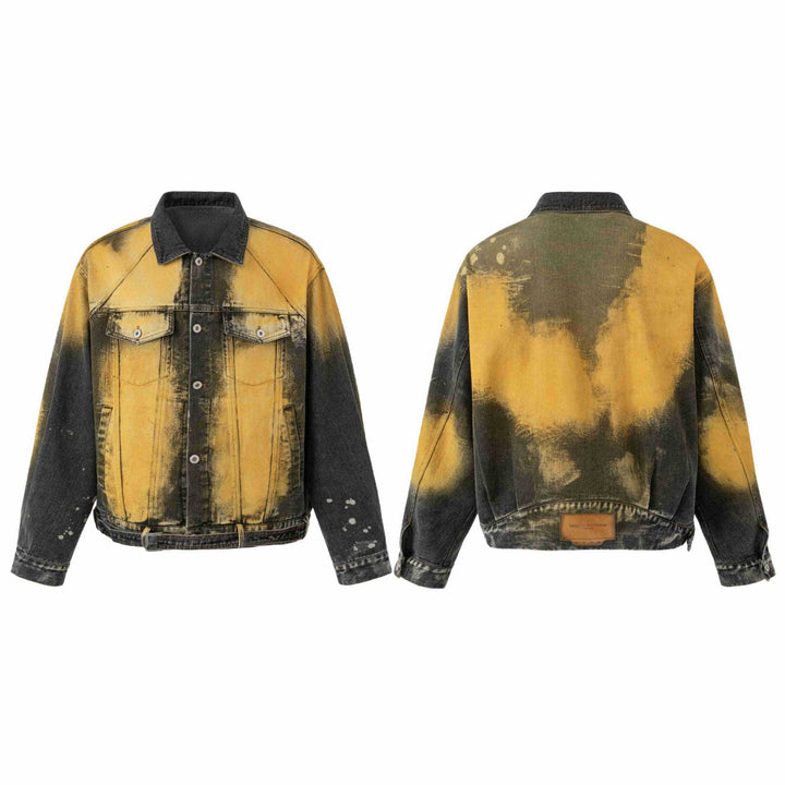 Herren Oversized Jeansjacke Vintage-gewaschen mit Splatter‑Effekt und verstellbarem Bund Drune