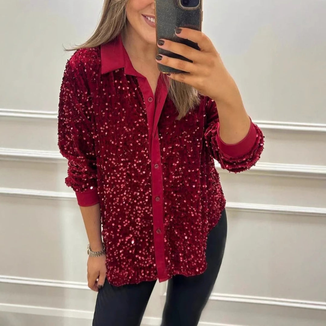 Damen nan glitzernde Pailletten-Hemdbluse mit Kragen, Knopfleiste und elastischen Manschetten Drune