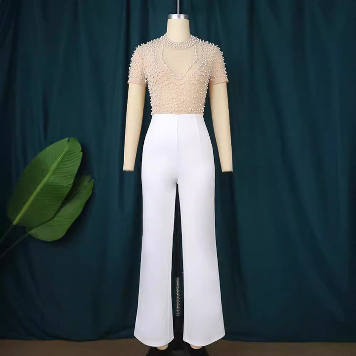 Damen eleganter Jumpsuit mit schimmerndem Perlen-Besatz Drune