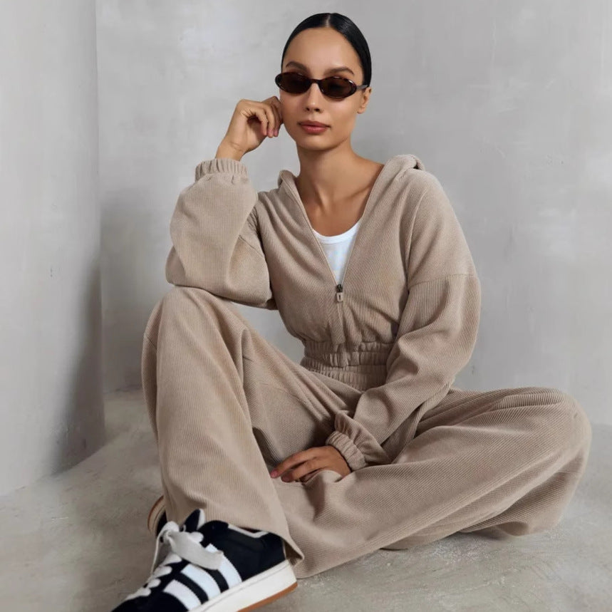 Damen nan kurzes Kapuzen-Loungewear-Set mit durchgehendem Reißverschluss, elastischem Komfortbund und gerippter Struktur Drune