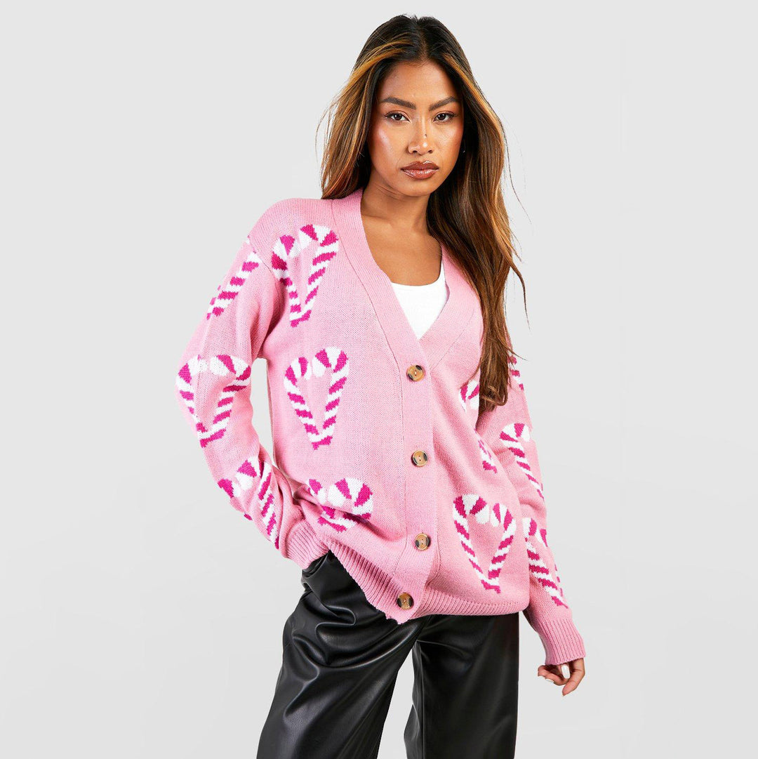 Damen Verspielter Cardigan mit Zuckerstangen-Muster Drune