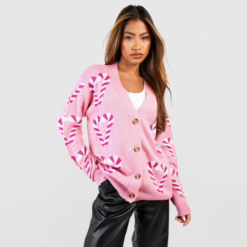 Damen Verspielter Cardigan mit Zuckerstangen-Muster Drune