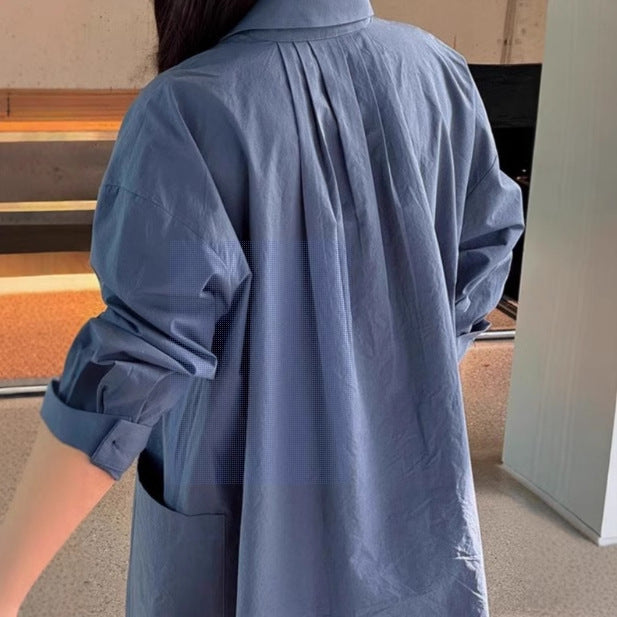 Damen Langes Oversize-Hemdblusenkleid aus Baumwollpopeline mit seitlichen Eingrifftaschen und Rückenpasse Drune