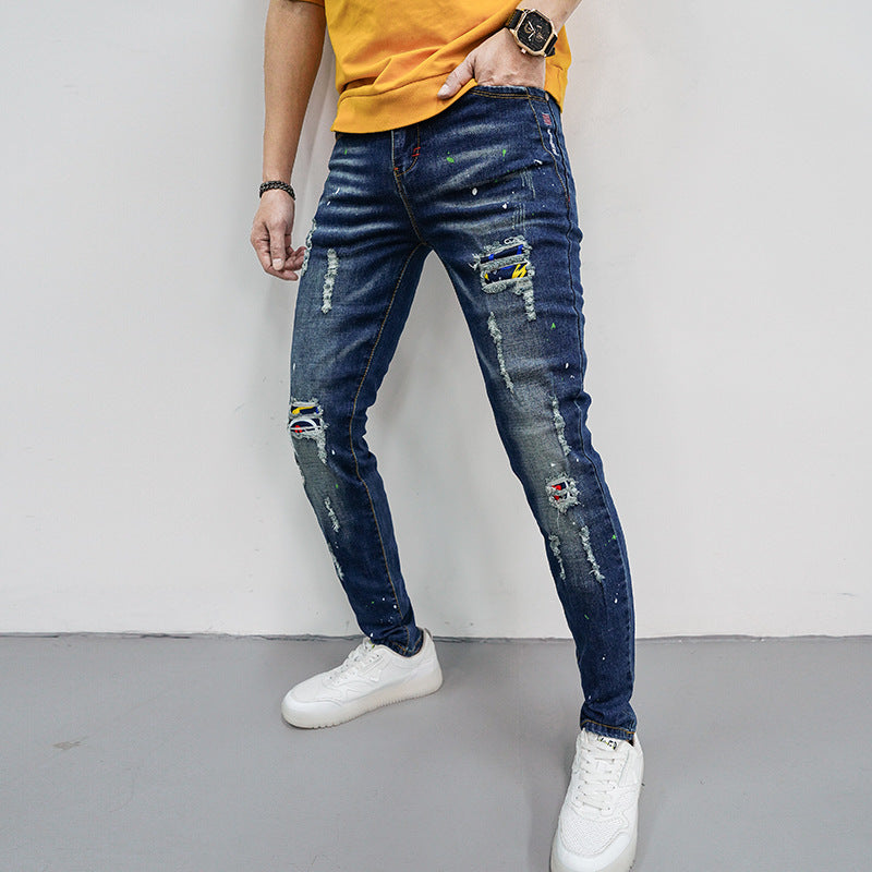 Herren Skinny Fit Jeans mit kreativen Farbklecksen und Rissdesign Drune