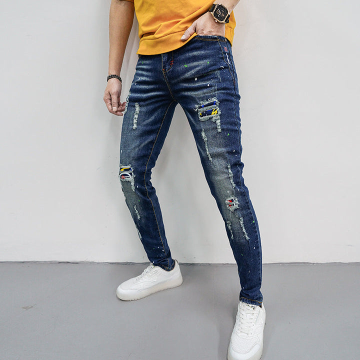 Herren Skinny Fit Jeans mit kreativen Farbklecksen und Rissdesign Drune