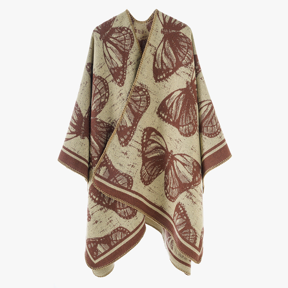 Damen Oversize-Stricküberwurf im Jacquard mit Schmetterlingsmotiv und kontrastierter Saumkante Drune
