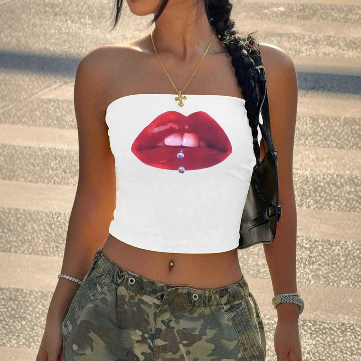 Damen Bandeau-Top mit auffälligem Lippenmotiv und figurbetontem Schnitt Drune