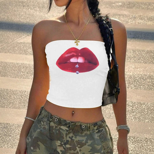 Damen Bandeau-Top mit auffälligem Lippenmotiv und figurbetontem Schnitt Drune