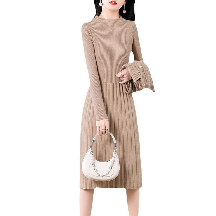 Damen elegantes Strickkleid mit großem Kragen und Knopfdetails Drune