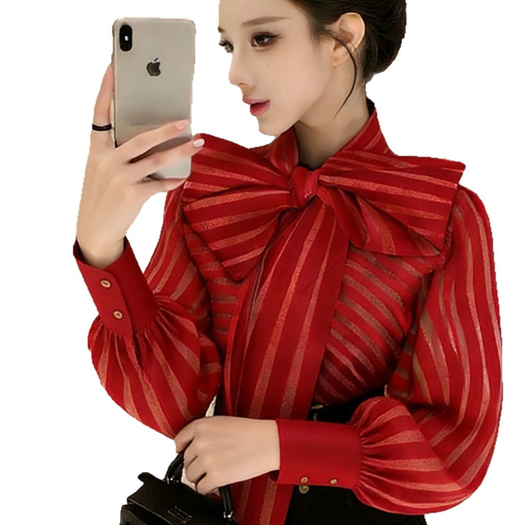 Damen Elegante Bluse mit voluminösem Schleifenkragen und trendigem Streifenmuster Drune