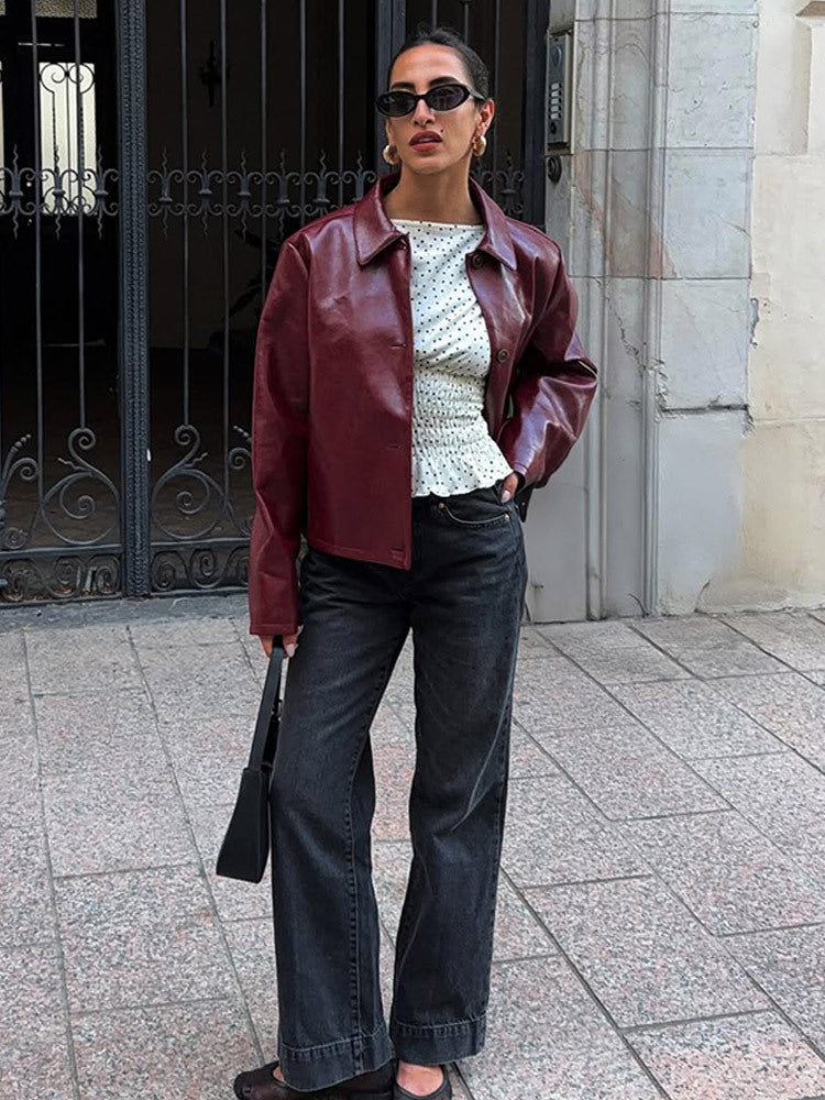 Damen Boxy-Kunstlederjacke mit Hemdkragen und geradem Cropped-Schnitt Drune