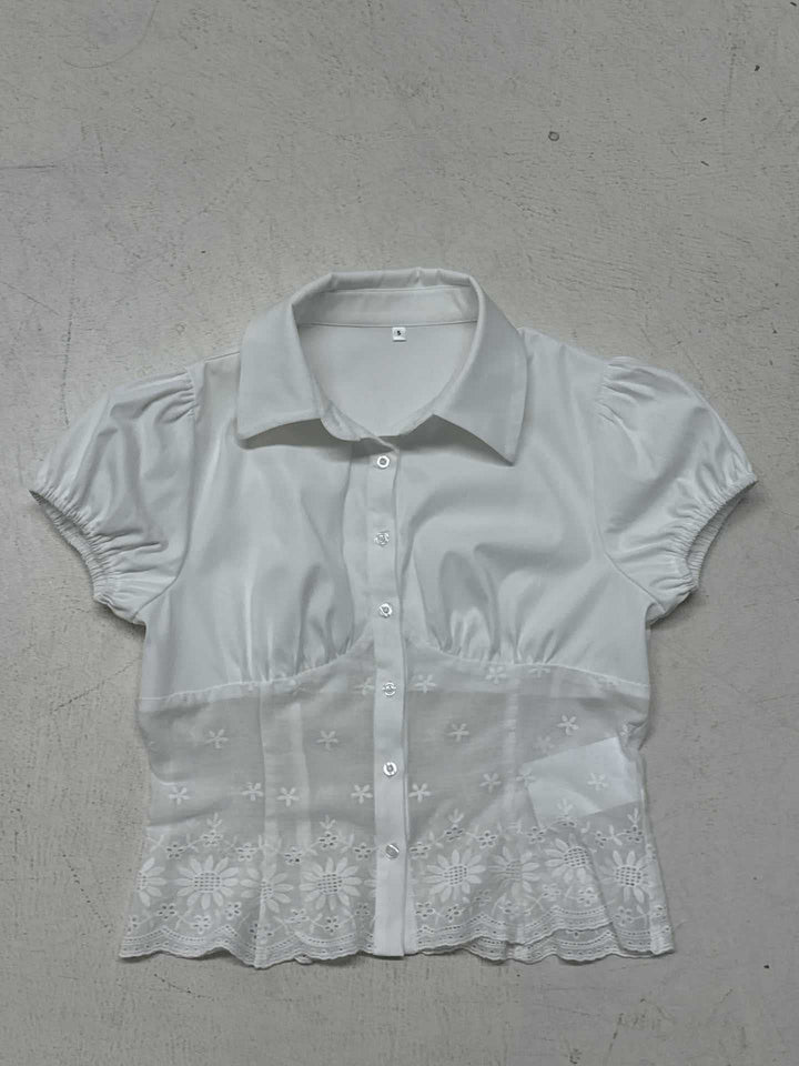 Damen elegante Bluse mit floralen Stickereien und gepufften Ärmel Drune