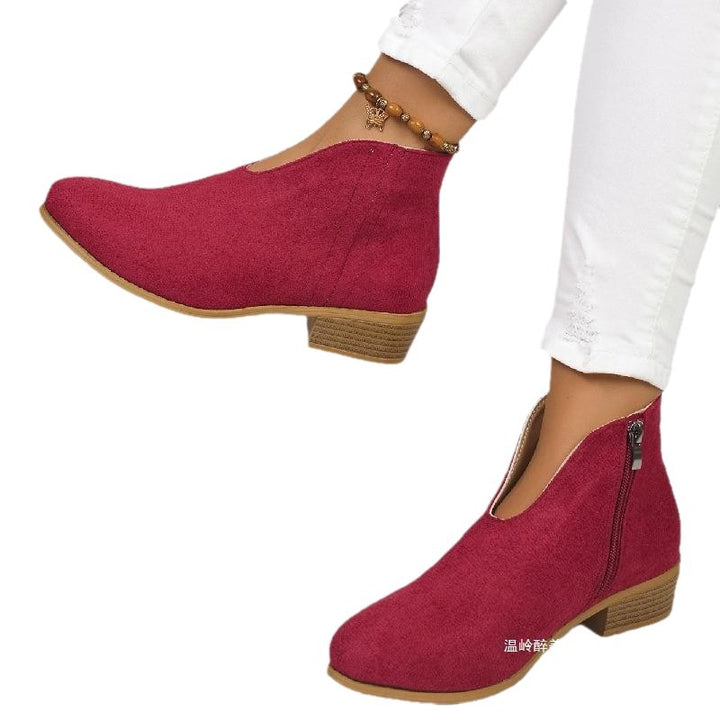 Damen nan knöchelhohe Stiefelette mit V-Ausschnitt, weichem Obermaterial und leichtem Holzblockabsatz Drune
