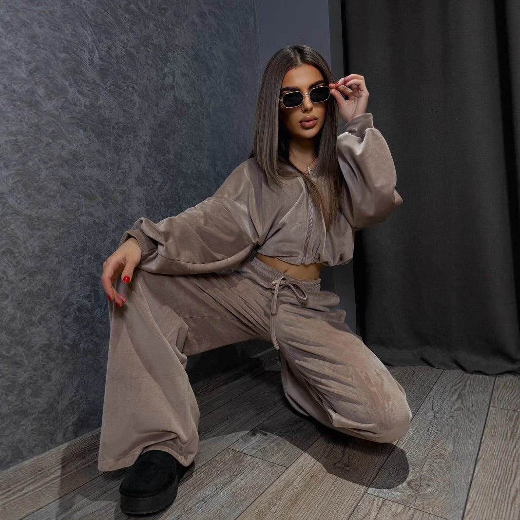 Damen luxuriöses Velours-Cropped-Hoodie und High-Waist Weite Jogginghose Set Drune