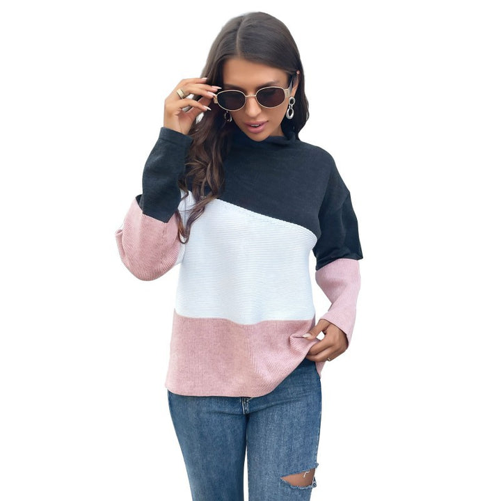 Damen Dreifarbiger Strukturstrick-Pullover mit Stehkragen und lässiger Oversize-Silhouette Drune