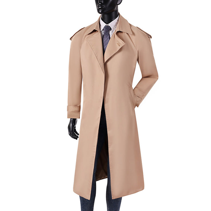 Herren eleganter knie- bis wadenlanger Trenchcoat mit verdeckter Knopfleiste und Schulterklappen Drune